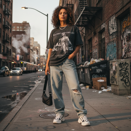 Woman standing on a city street wearing a graphic t-shirt and jeans.