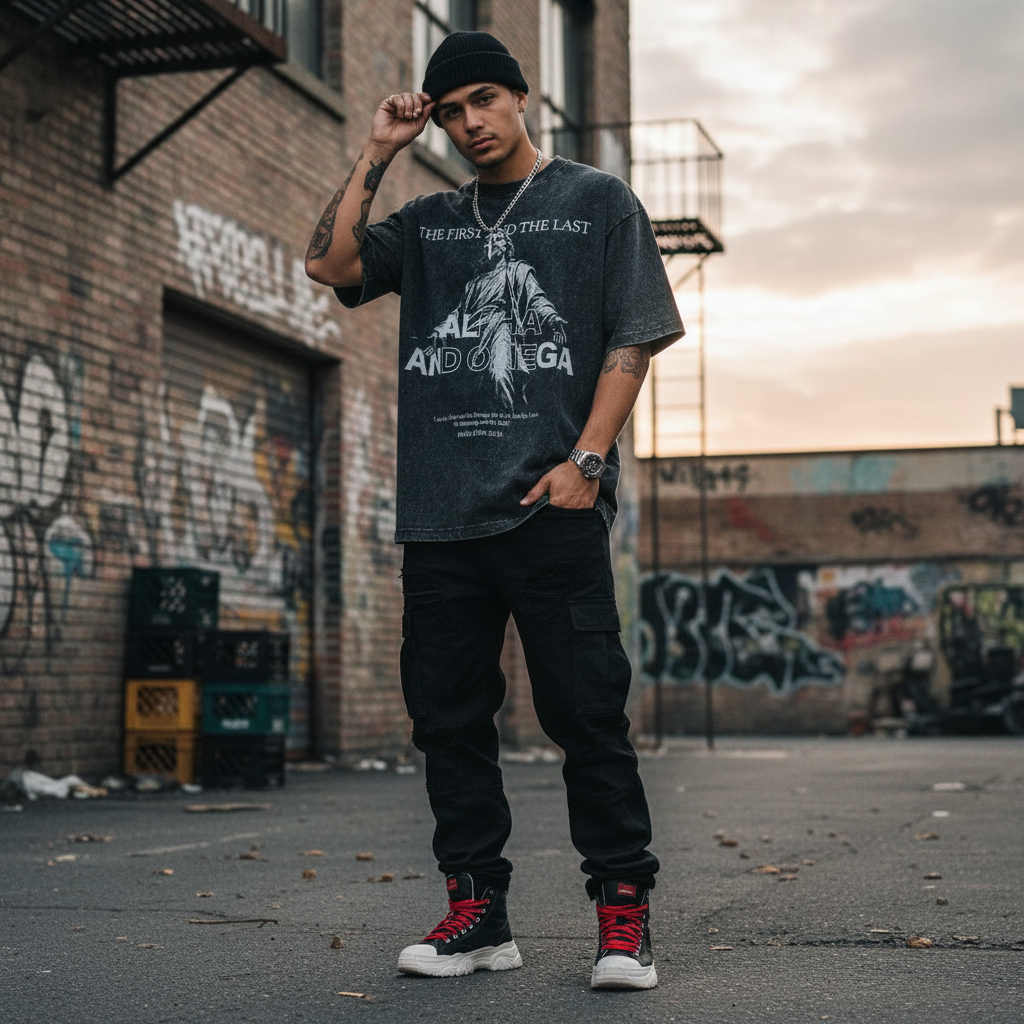 Man wearing a graphic t-shirt and black pants standing in an urban setting with graffiti on the wall.