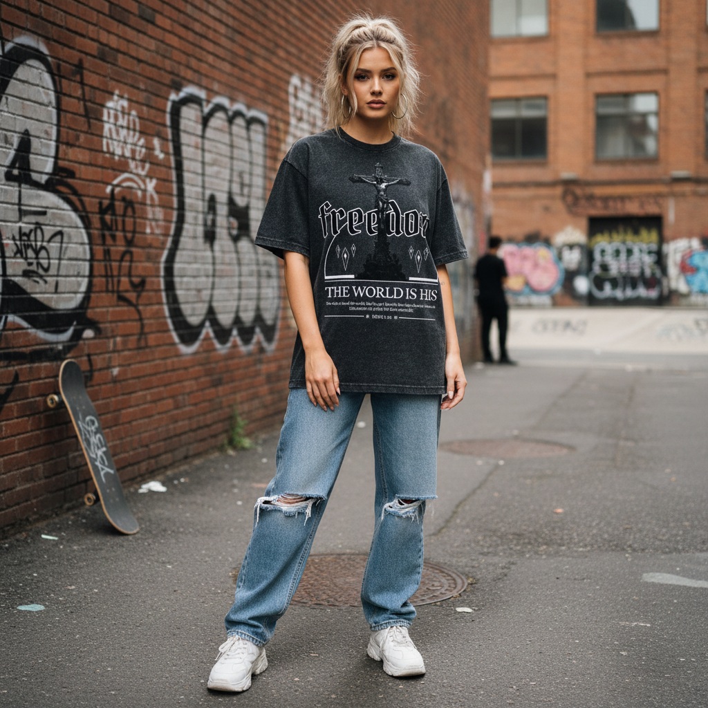 Woman wearing a black t-shirt with text and graphics, standing against a graffiti-covered wall.