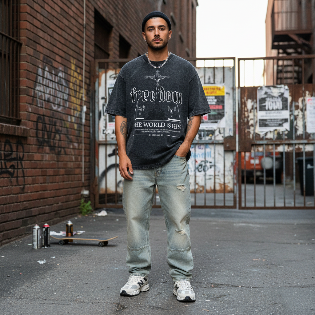 Man wearing a t-shirt with 'freedom' text standing in an urban alleyway.