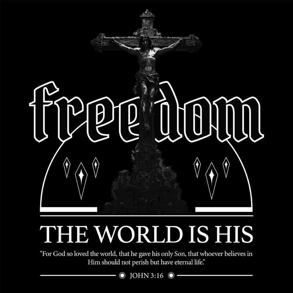 Black and white image of a crucifixion with 'freedom' text and John 3:16 quote.