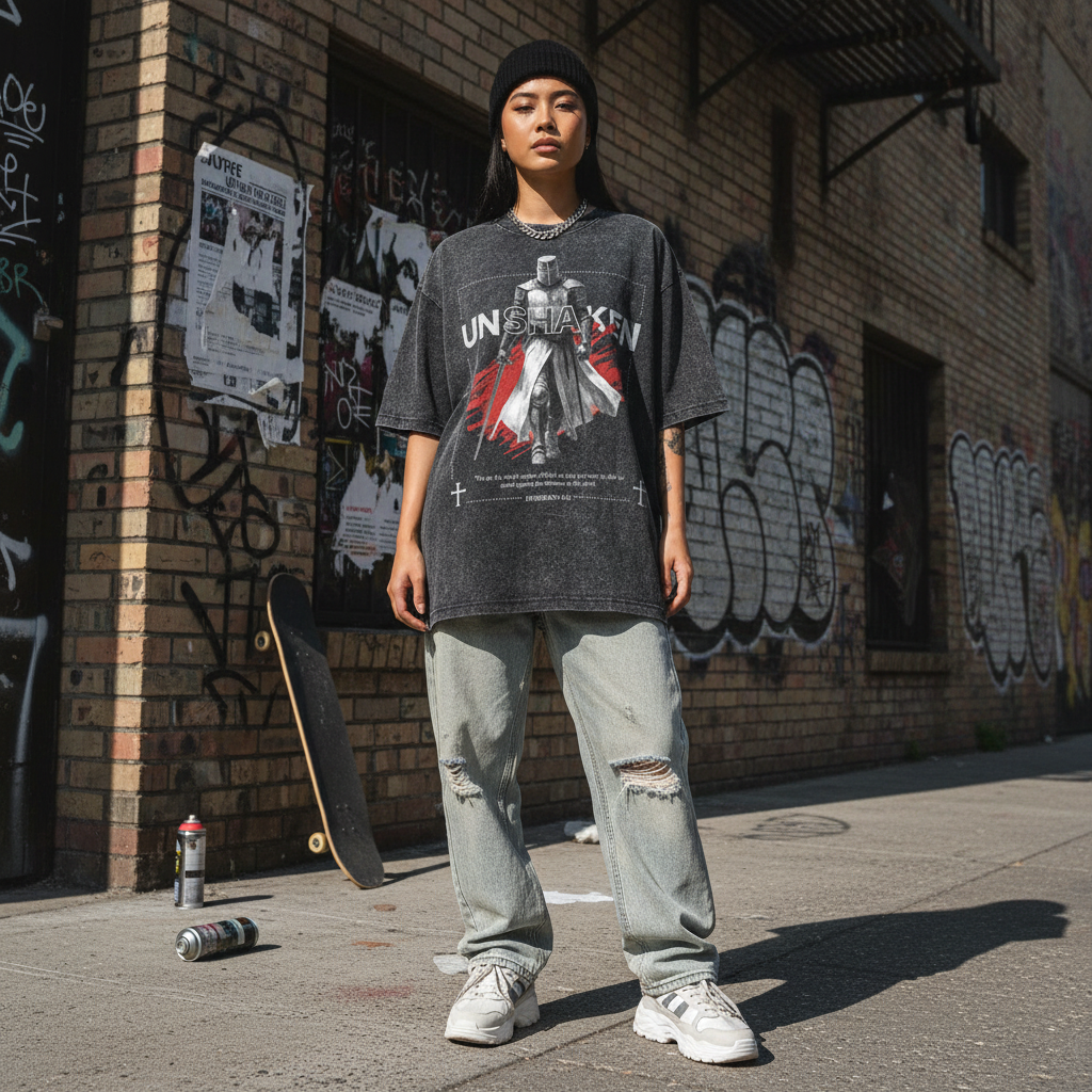 Person wearing a graphic t-shirt and jeans standing in front of a graffiti-covered wall.