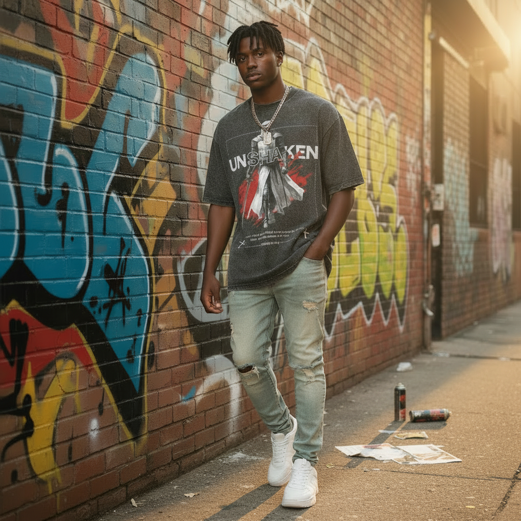 Person wearing a 'Unshaven' t-shirt in front of a graffiti-covered wall.