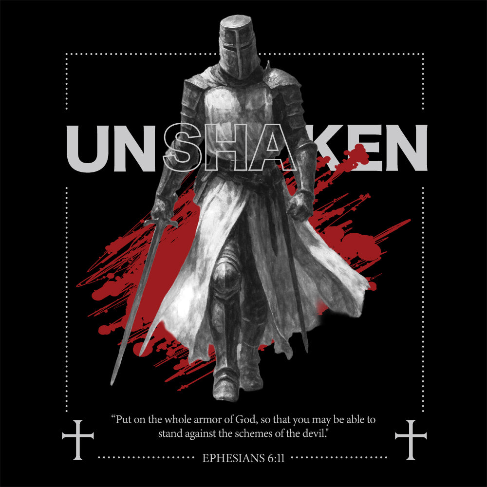  armored figure with a sword on a black background with 'Unshaken' text