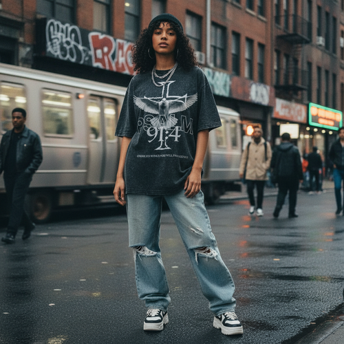 Person wearing a graphic t-shirt and jeans standing on a city street with a train and pedestrians in the background.