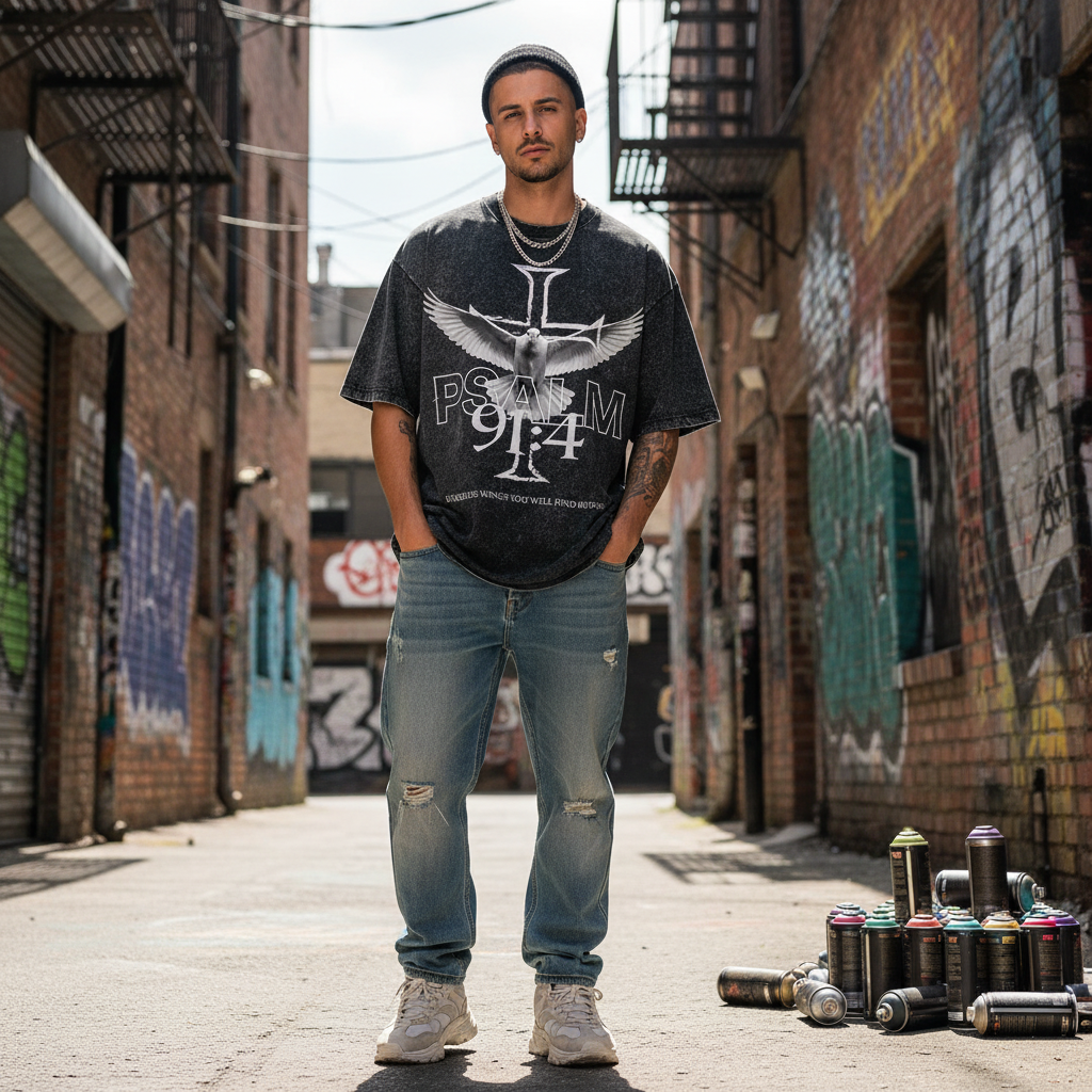 Man standing in an alley with graffiti on walls, wearing a graphic t-shirt and jeans.