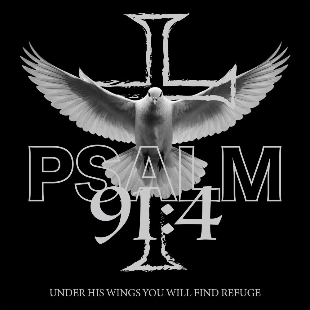 Black and white illustration of a dove with open wings, surrounded by text 'Psalms 91:4' on a black background.
