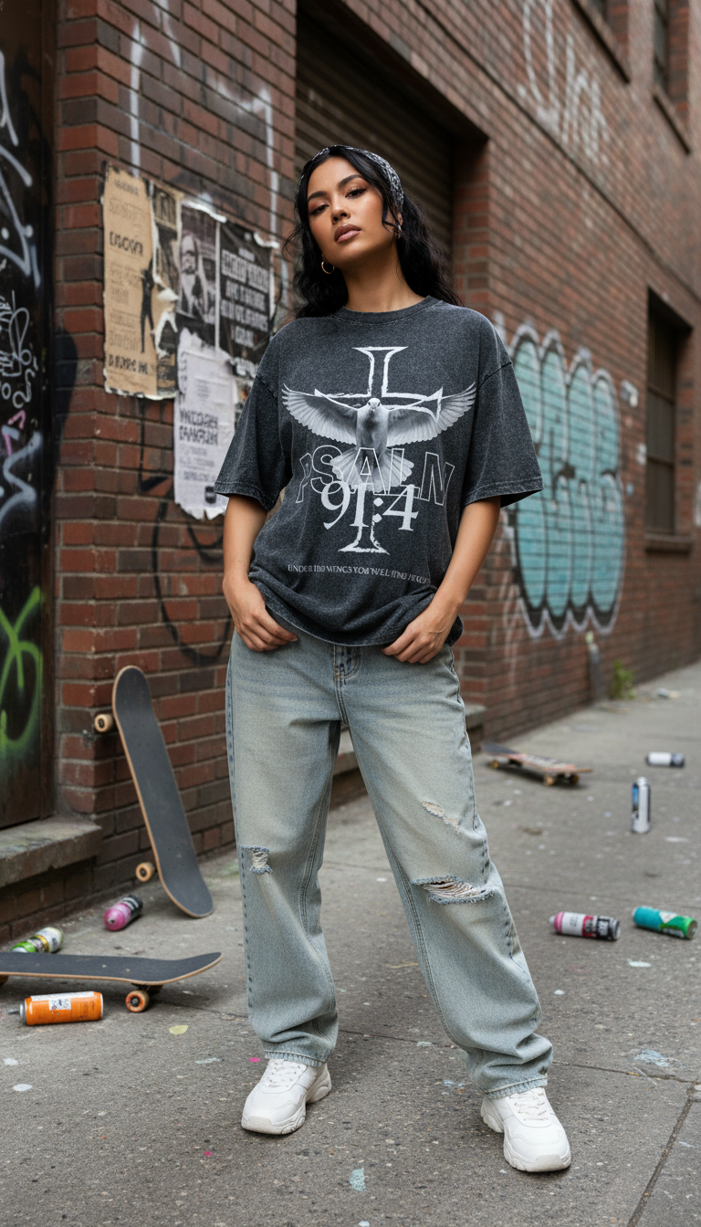 Woman wearing a graphic t-shirt and jeans standing against a graffiti-covered wall.