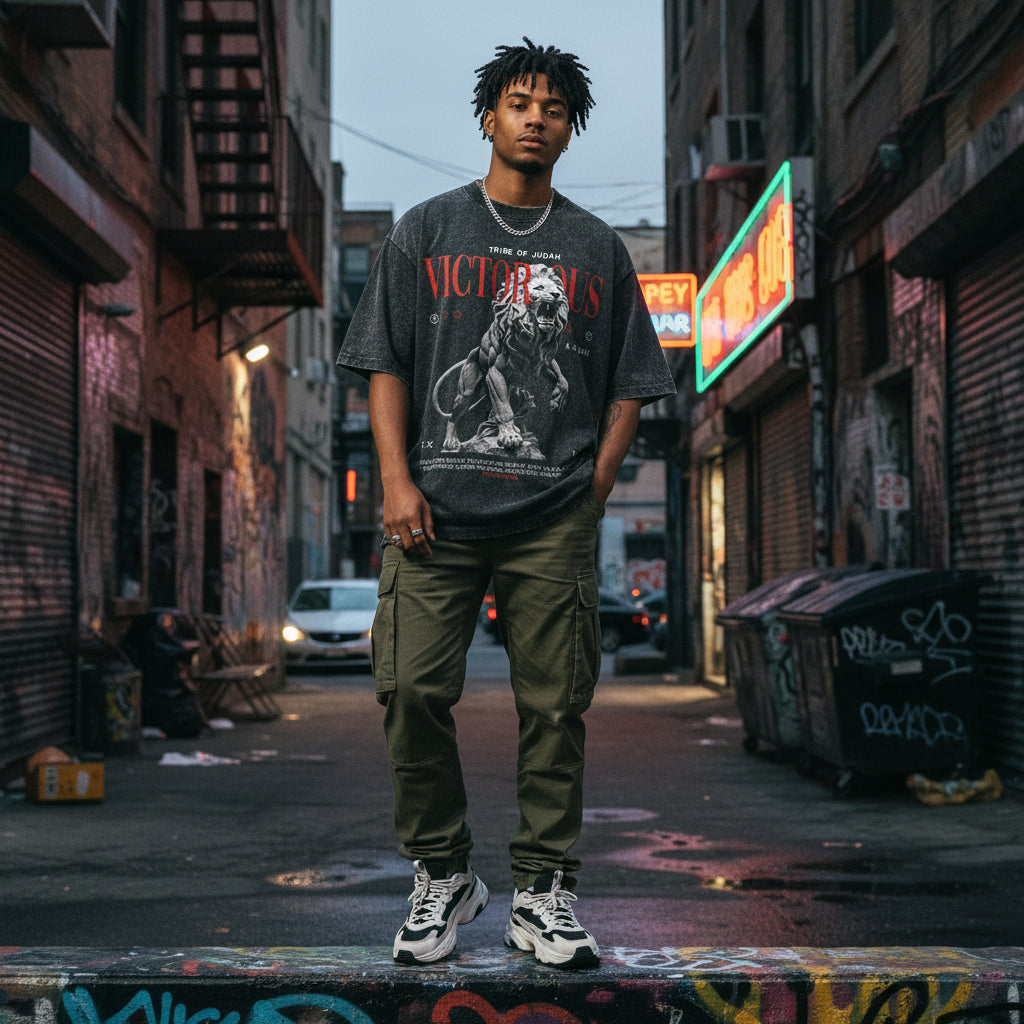 Man standing on a graffiti-covered ledge in an urban alleyway with neon signs in the background.