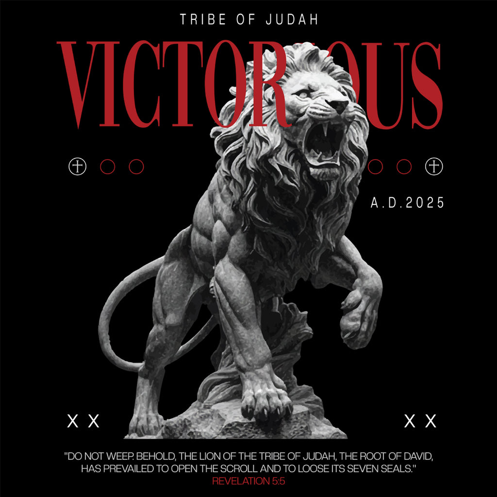 Statue of a roaring lion with 'Tribe of Judah' text on a black background