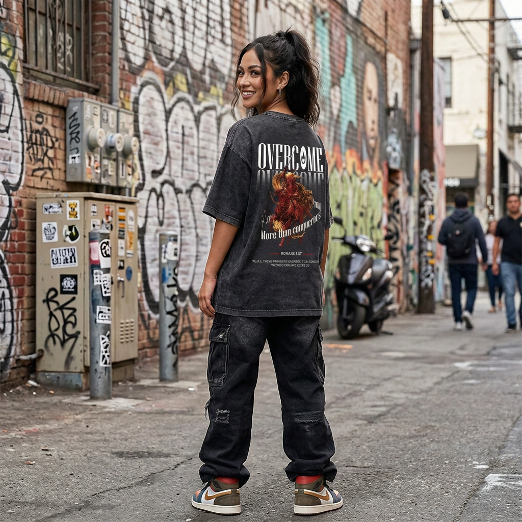 "OVERCOME" Unisex Acid Wash Graphic Tee – Romans 8:37