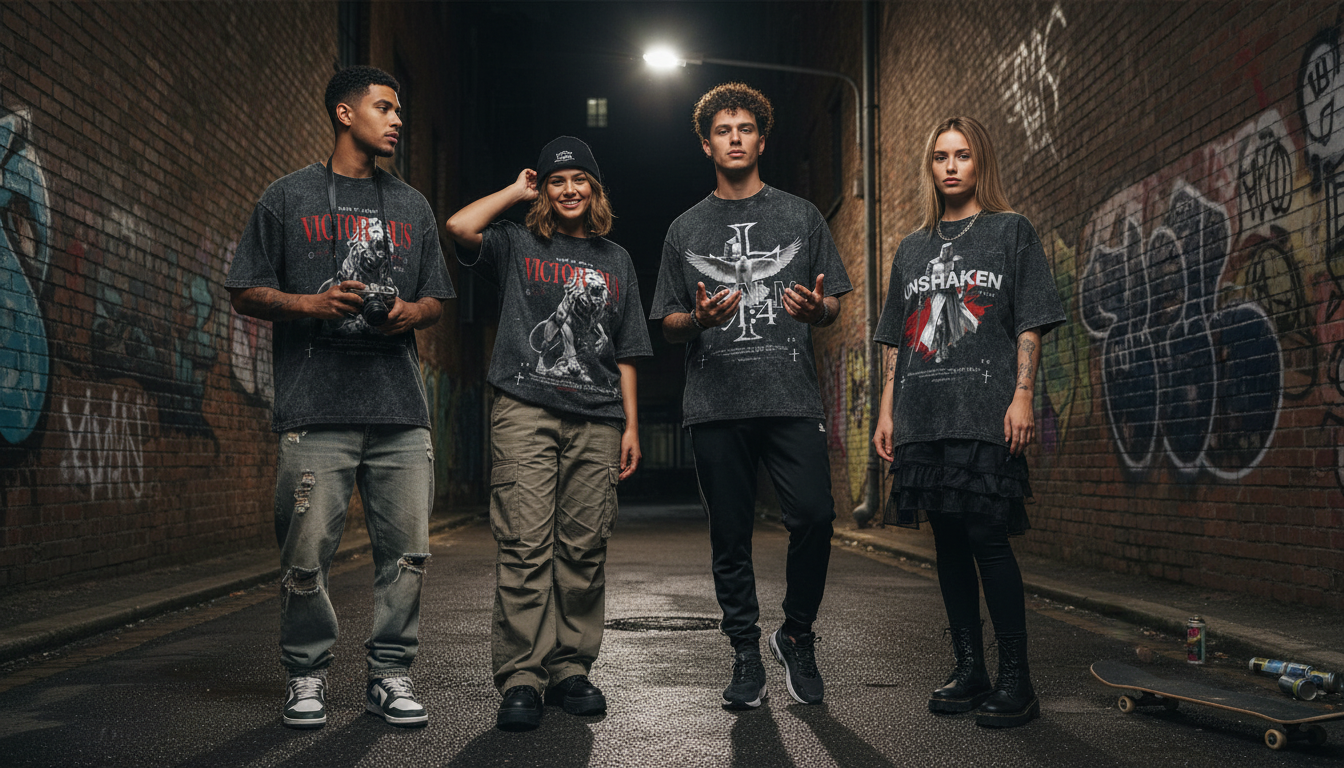 Four individuals wearing Sela branded t-shirts in a graffiti-covered alleyway.