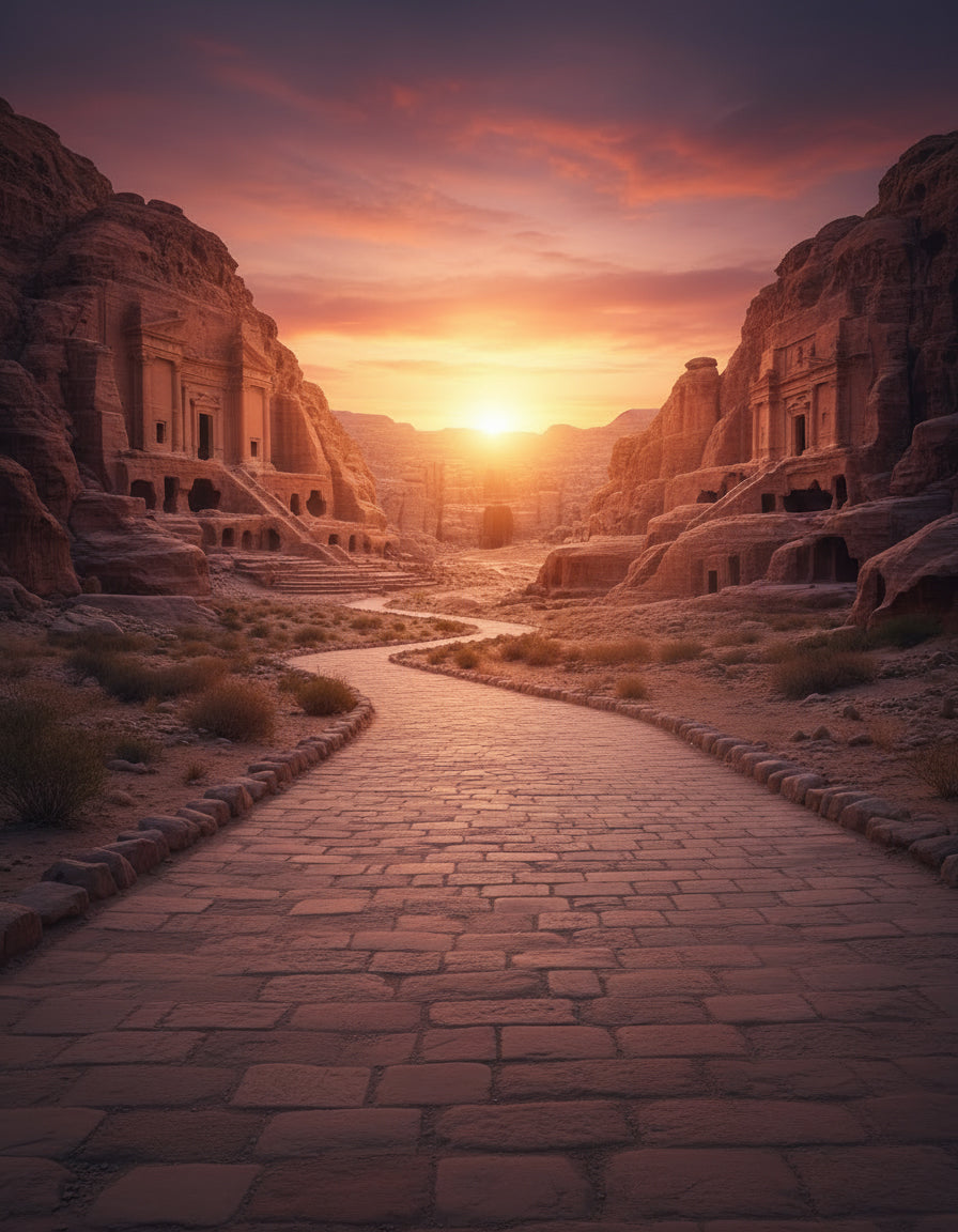 Sunset over a desert landscape with ancient stone architecture