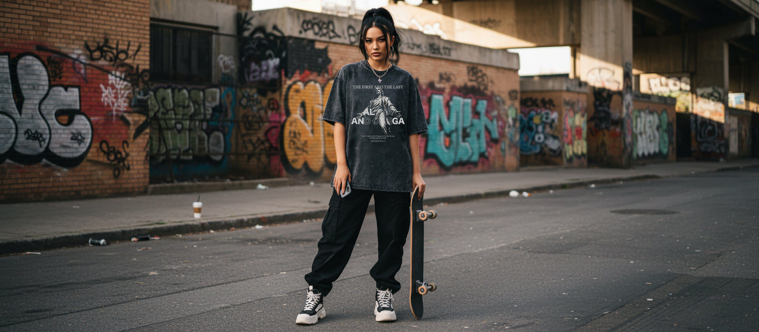 Woman holding a skateboard in an urban setting with graffiti on walls.